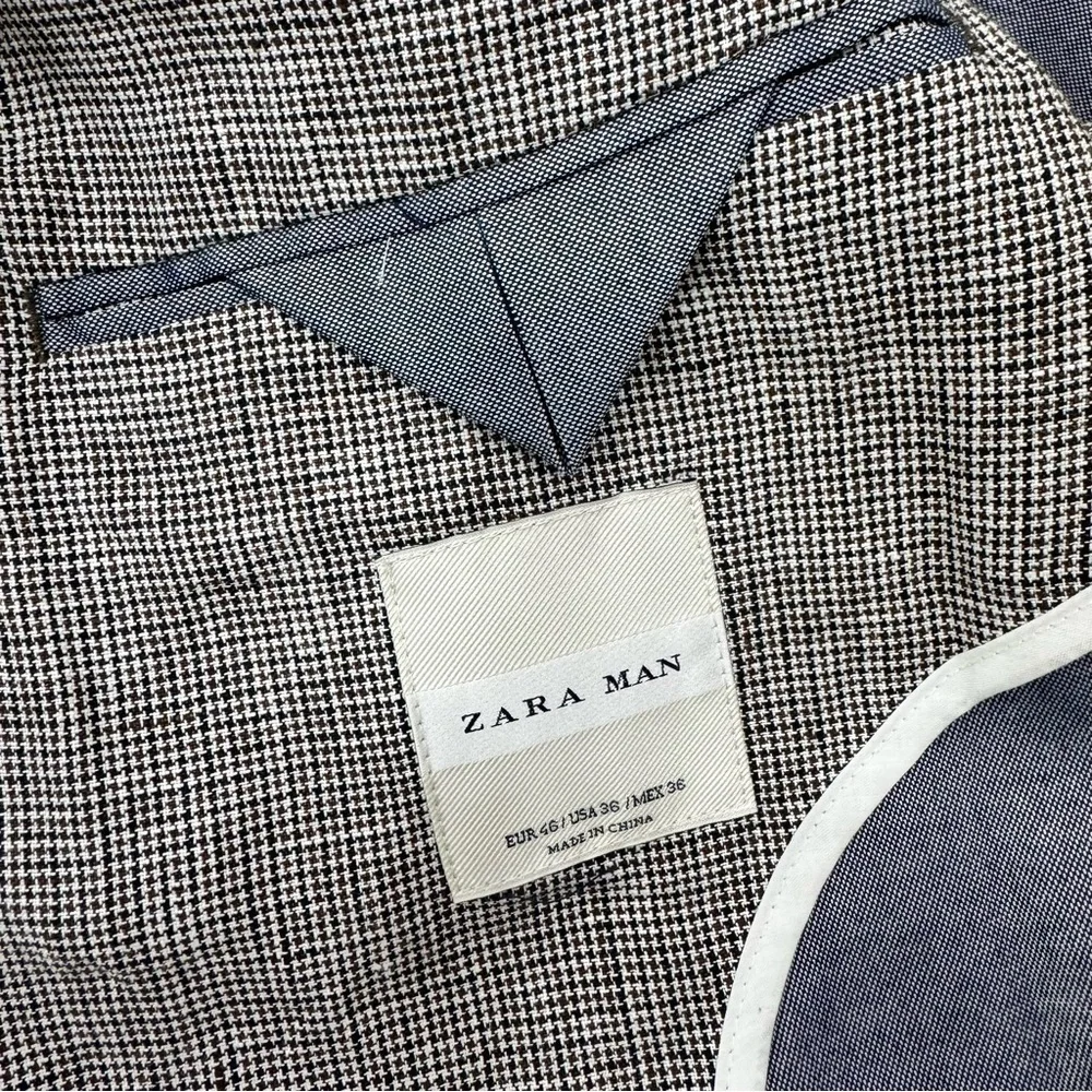 Zara Mens Houndstooth Blazer brown tan tones Linen sport coat Sz 36 half lined